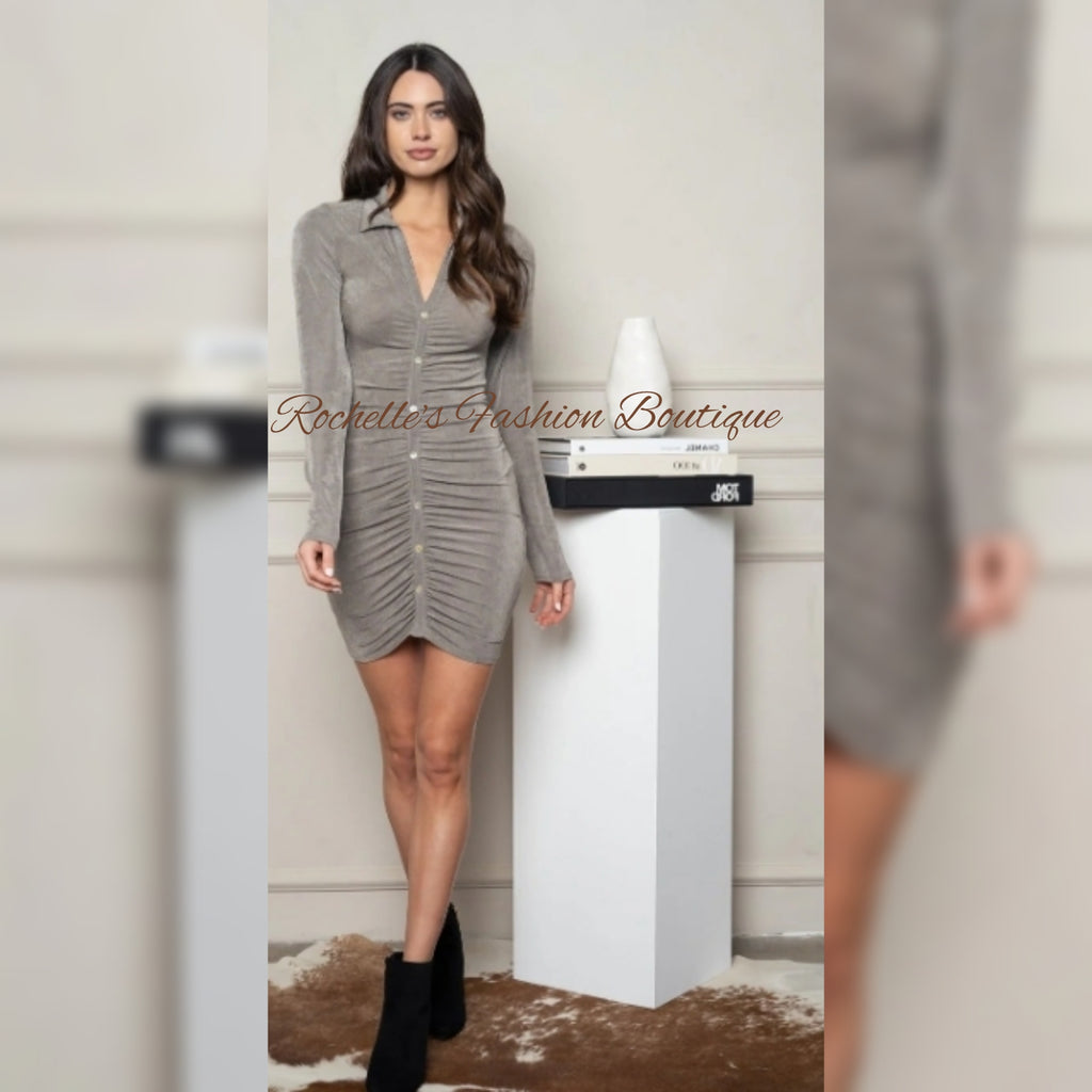 Lit Grey Ruched Button Down Dress