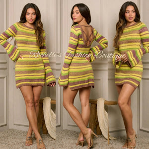 Muliti yellow Bell Sleeve  Open Back Sweater Dress