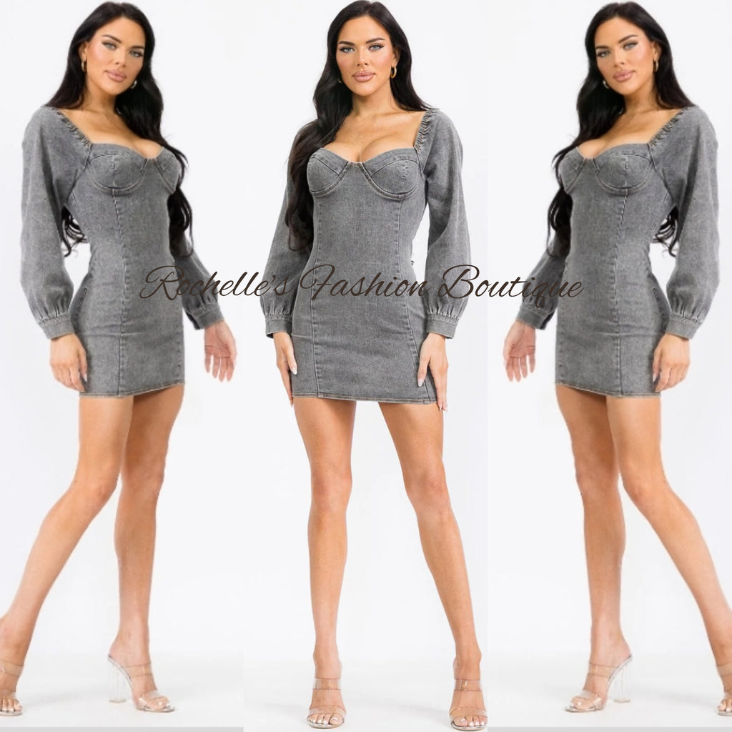 Black Washed Denim Button Up Dress