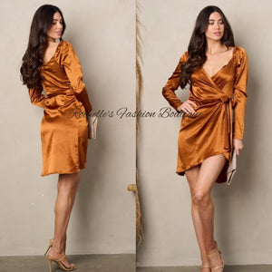 Rust L/S Neck Wrap Mini Dress