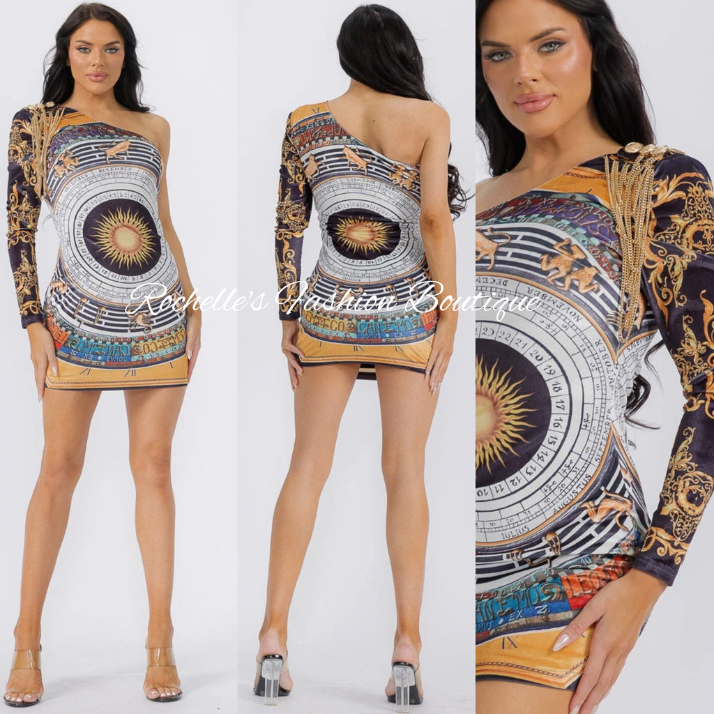 Muliti One Sleeve Chained Mini Dress