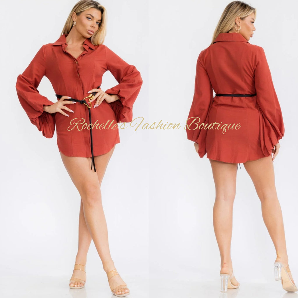 Rust L/S Belted Linen Dress
