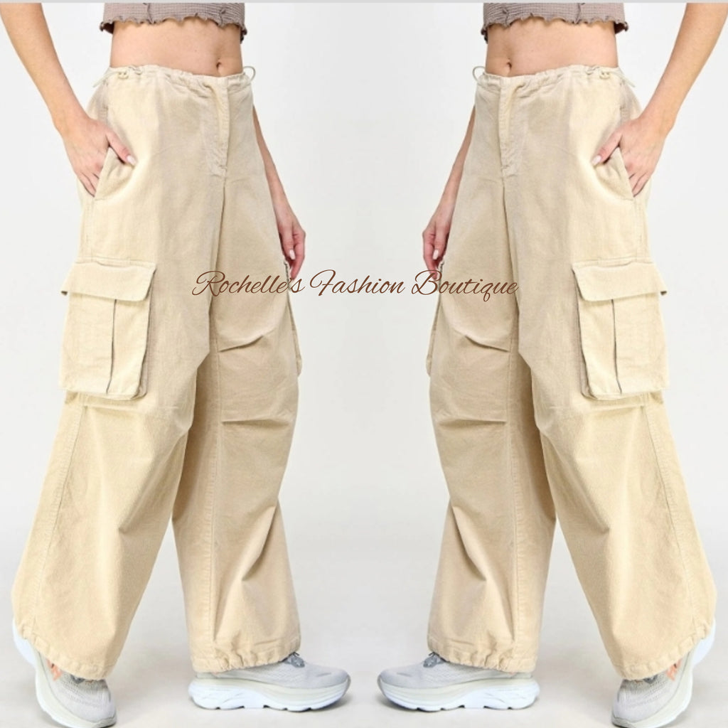 Beige Cargo Wide Leg Corduroy Pants
