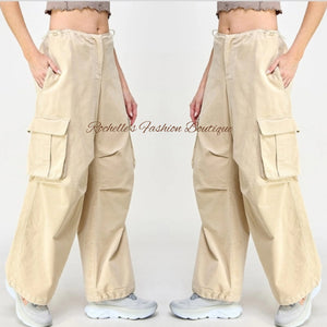 Beige Cargo Wide Leg Corduroy Pants