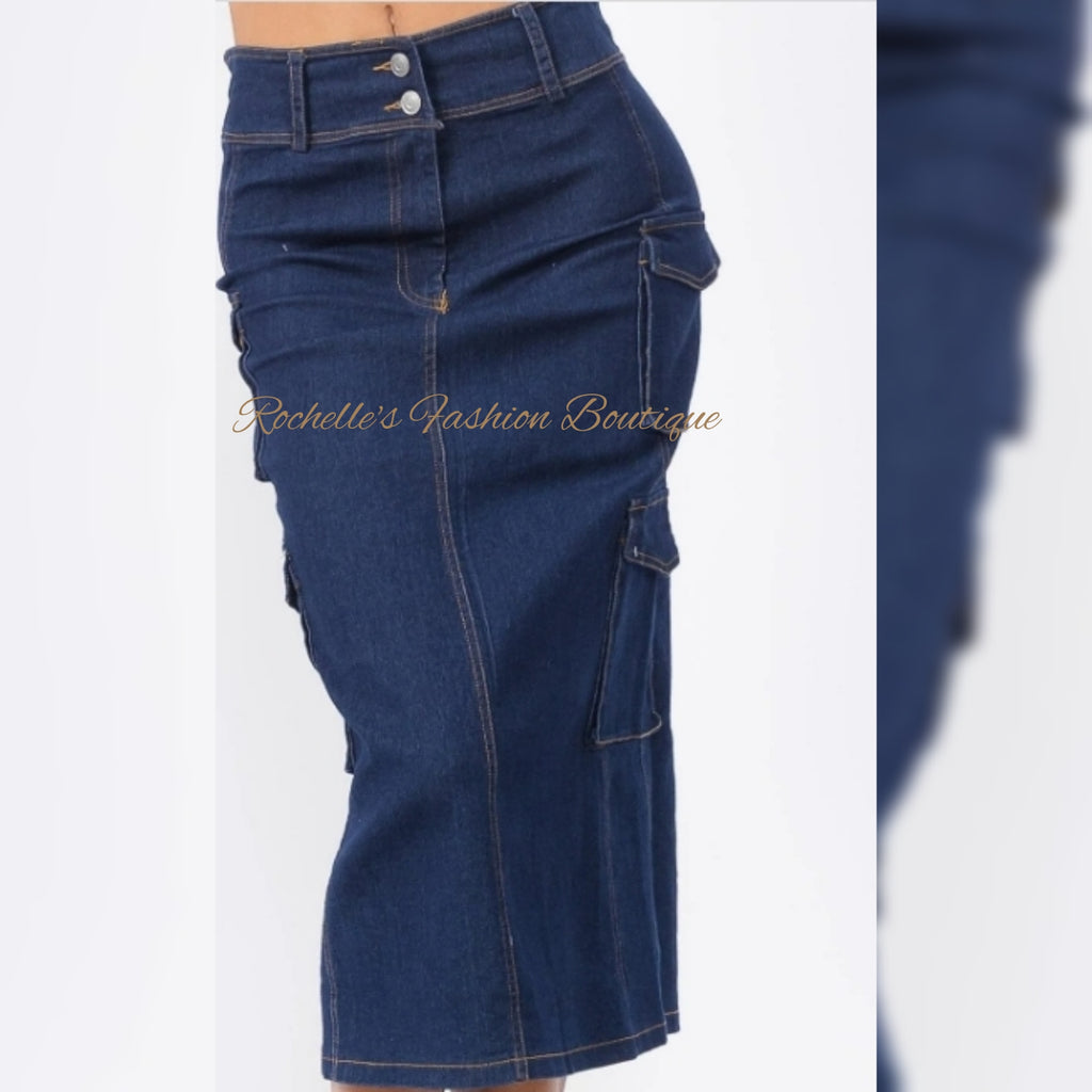 Dark Denim Cargo Pockets Skirt
