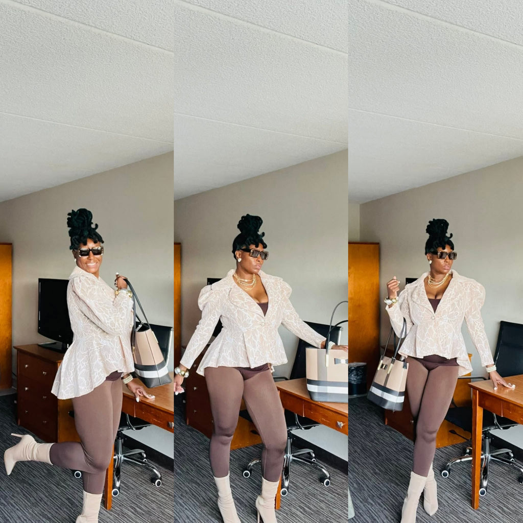 Tan Lace Hi Low Puff Sleeve Blazer