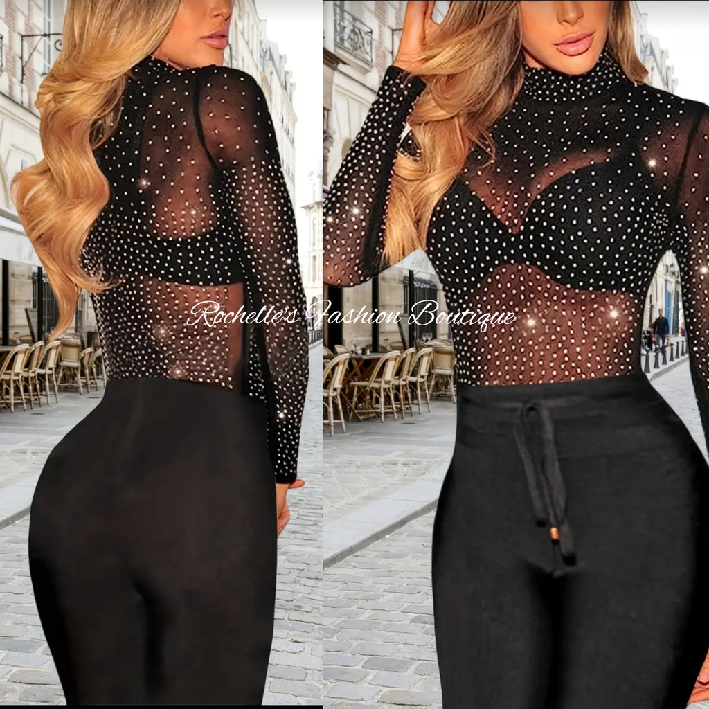 Blk Mock Mesh Neck Rhinestone Shirt