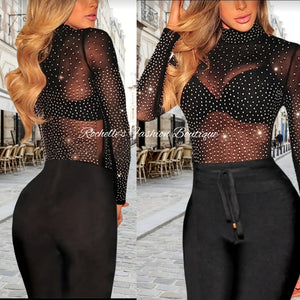 Blk Mock Mesh Neck Rhinestone Shirt