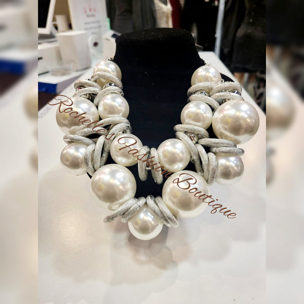 Pearl And Silver Big Necklace Set