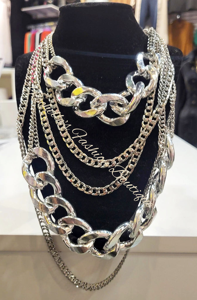 Silver Layered Chained Necklace Set