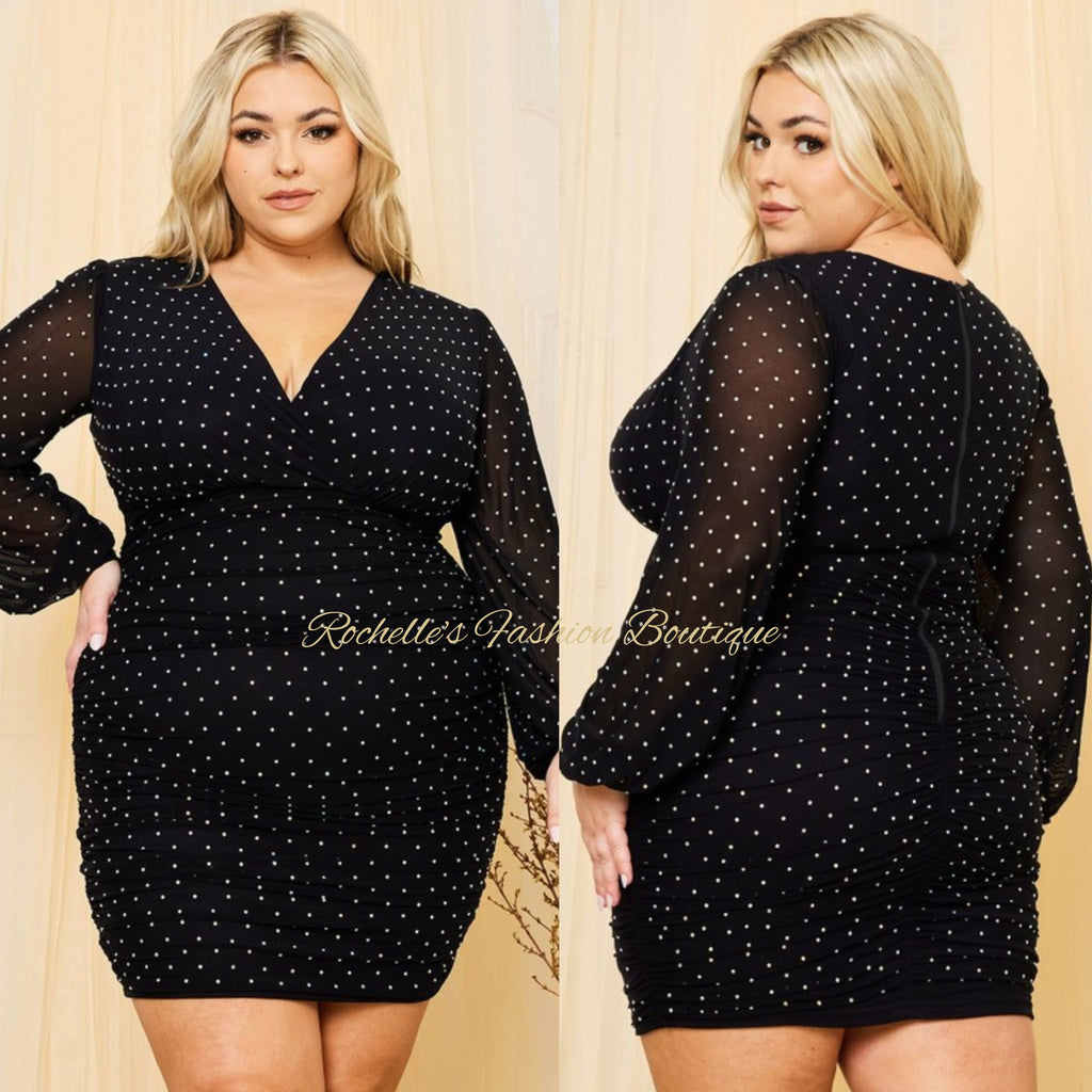 Black Plus Mesh Dotted Rhinestone Dress