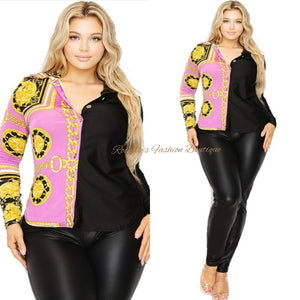 PLUS LONG SLEEVE GOLD CHAIN PRINTED TOP -LONG
