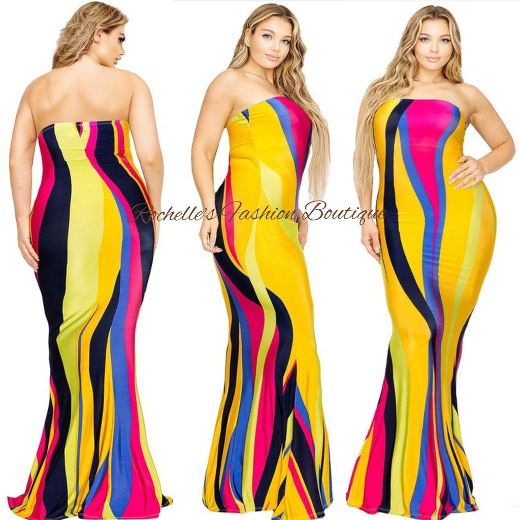 YELLOW & PINK PLUS STRIPED COLOR  TUBE DRESS
