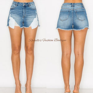 HIGH RISE MED BLUE DENIM DISSTRESS SHORTS 2