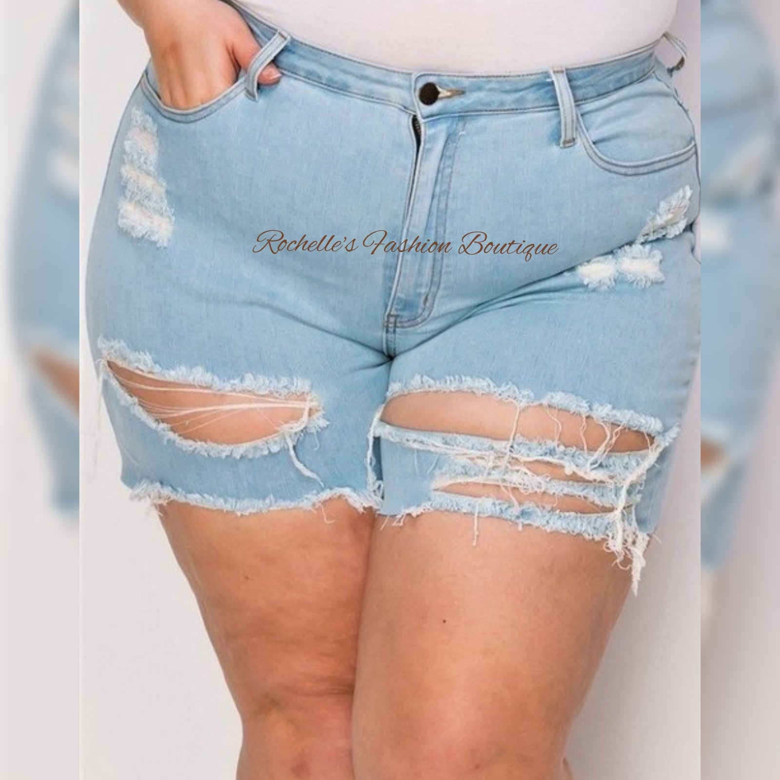 High Rise Light Blue Plus Washed Down Ripped Shorts