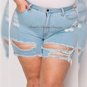High Rise Light Blue Plus Washed Down Ripped Shorts
