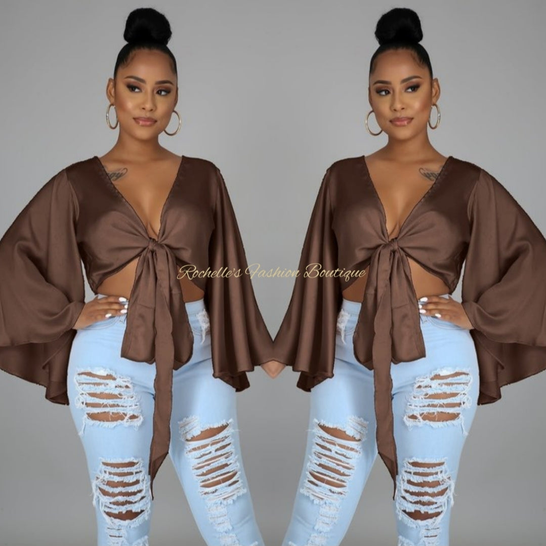 BROWN TIE FRONT SATIN BLOUSE