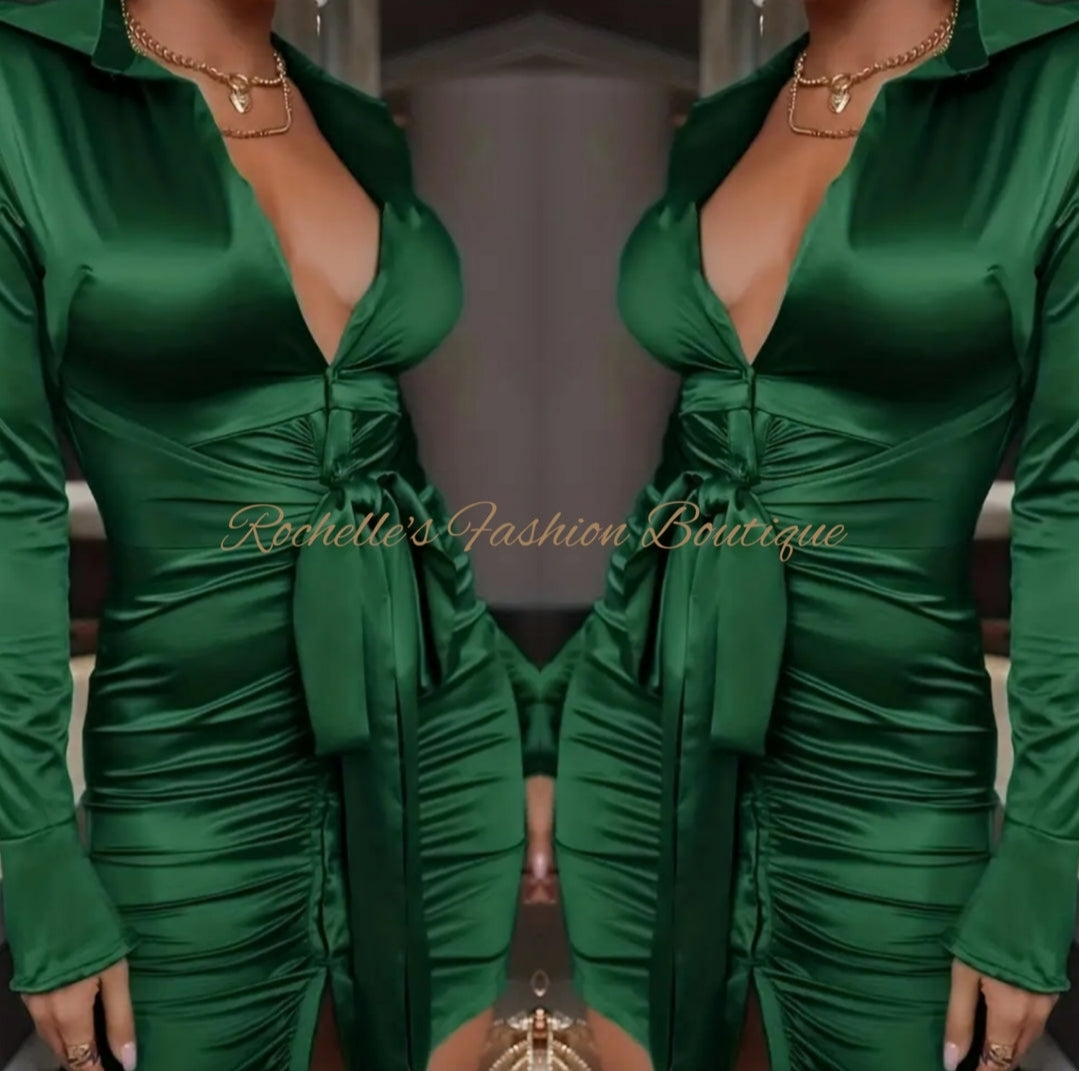 Green Satin Tie Front Dress