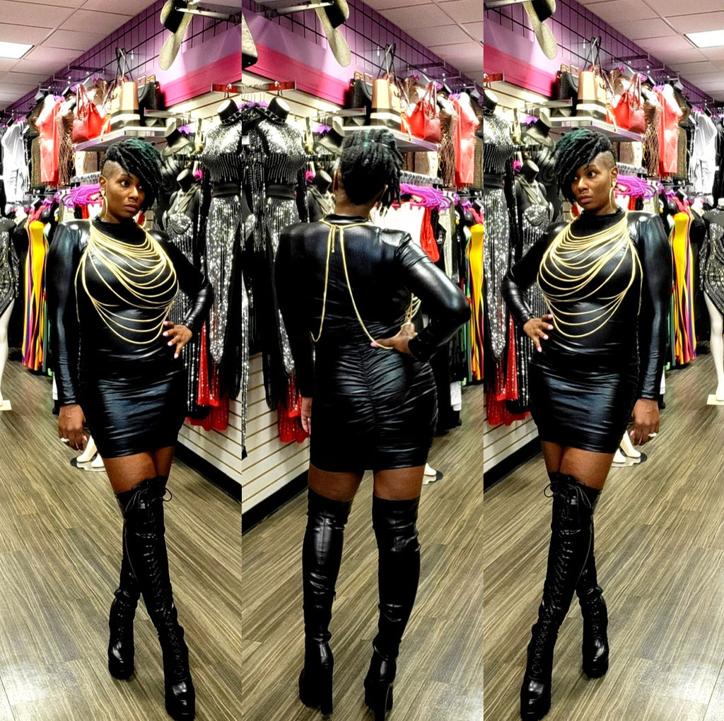 Black L/S Leather Ruched Dress