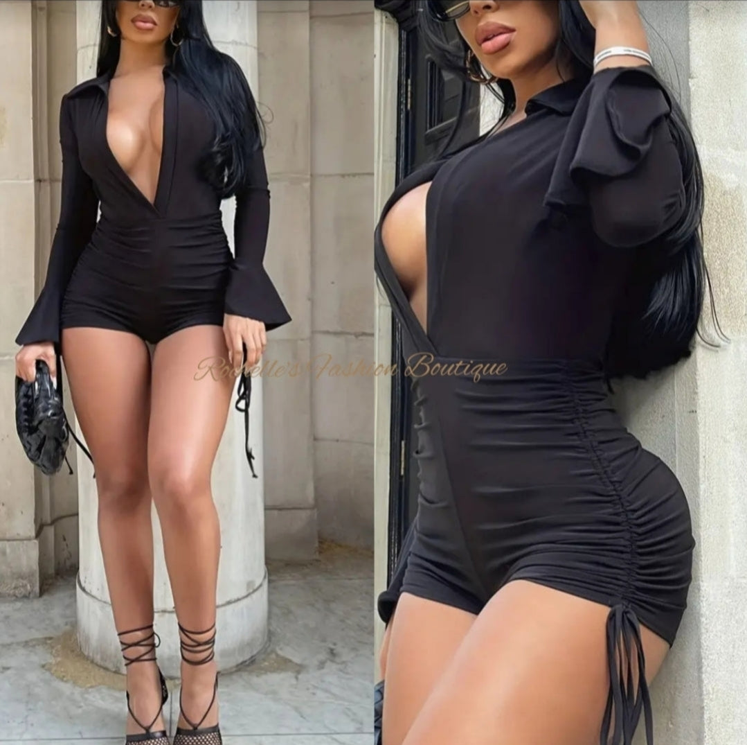 Black Ruched Sexy Romper
