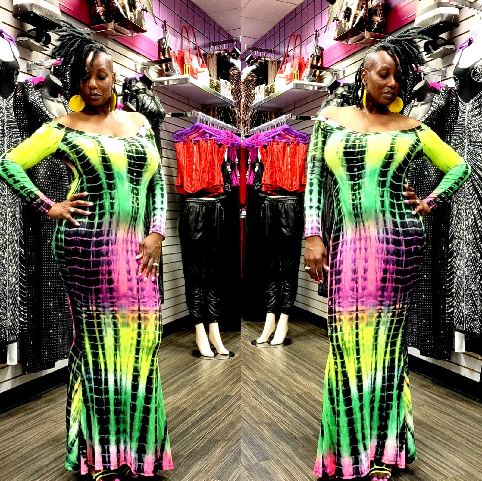 Multi Pink Off The Shoulder Plus Tie Dye Maxi Dress 3X / Rayon and Spandex Multi Pink Off The Shoulder Plus Tie Dye Maxi Dress 3X / Rayon and Spandex