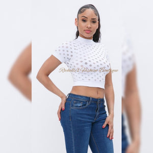 WHITE DISTRESSED MOCK NECK CROPPED TOP