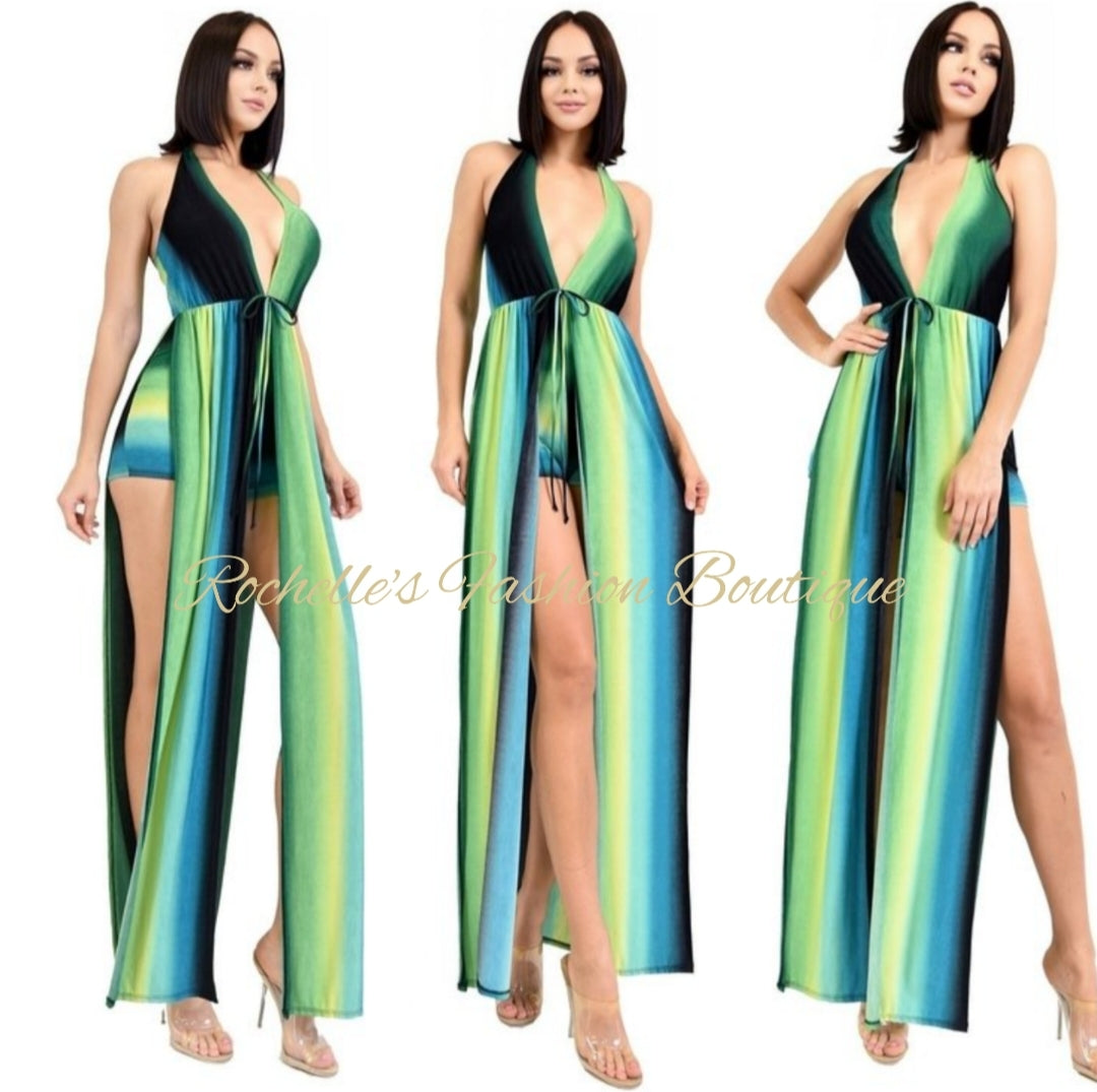 Multi Green Stripe Halter Neck Maxi Dress