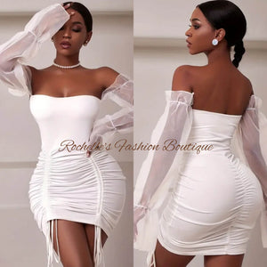White Mesh Sleeve Ruched Dress