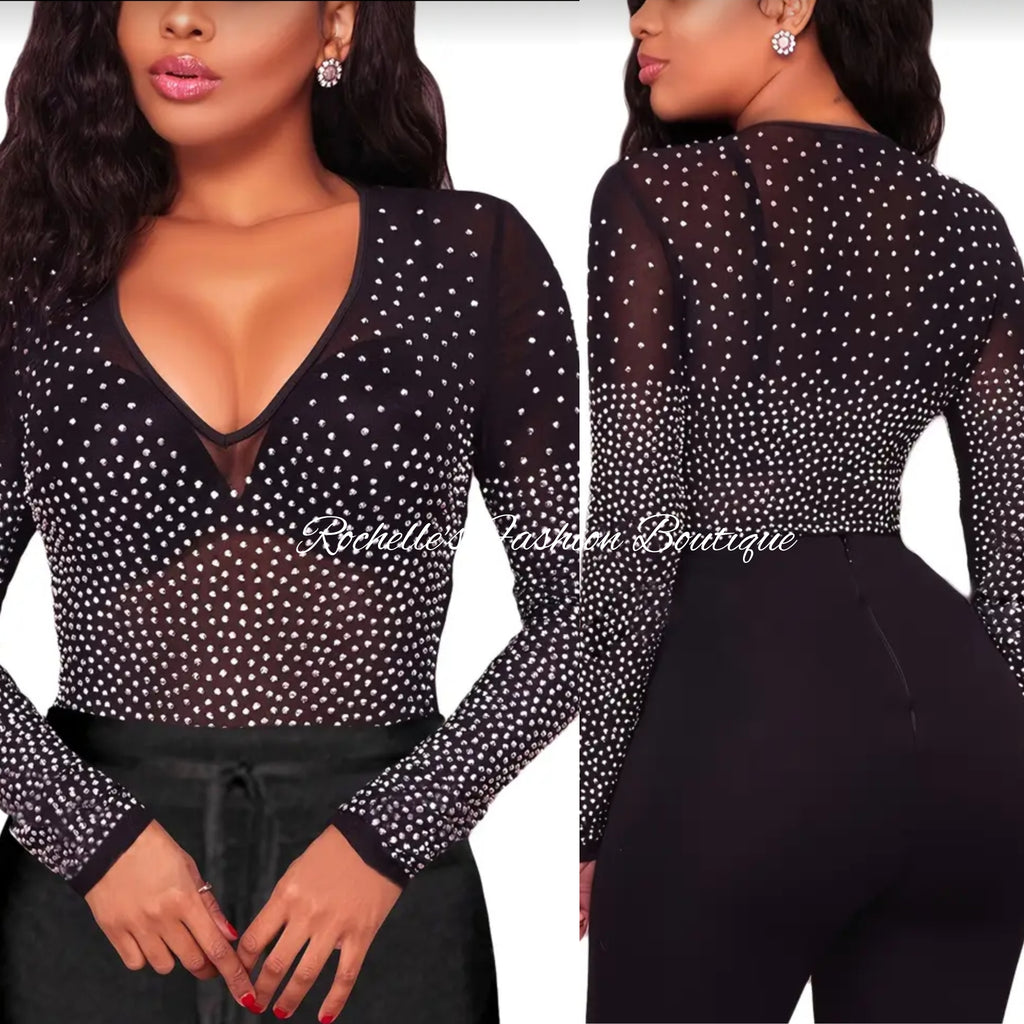 Black Mesh V Neck Rhinestone Shirt