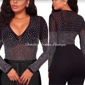 Black Mesh V Neck Rhinestone Shirt