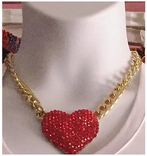 Gold Red Rhinestone Heart Necklace