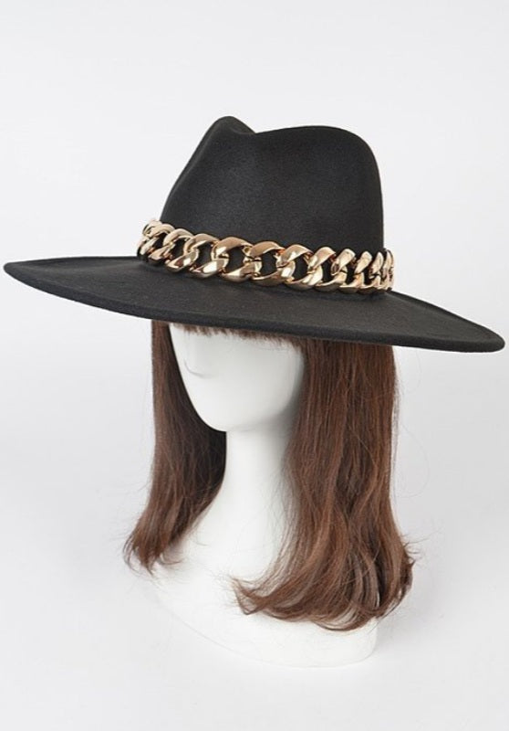 Black Fedora With Attached Gold Chain