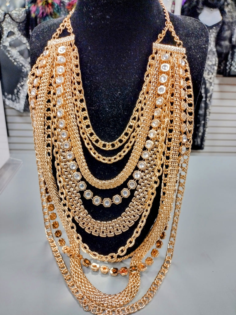 Gold Long Layered Rhinestone Necklace Set