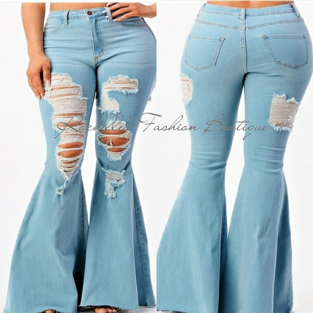 Lite Blue High Rises Plus Distressed Bell Buttoms