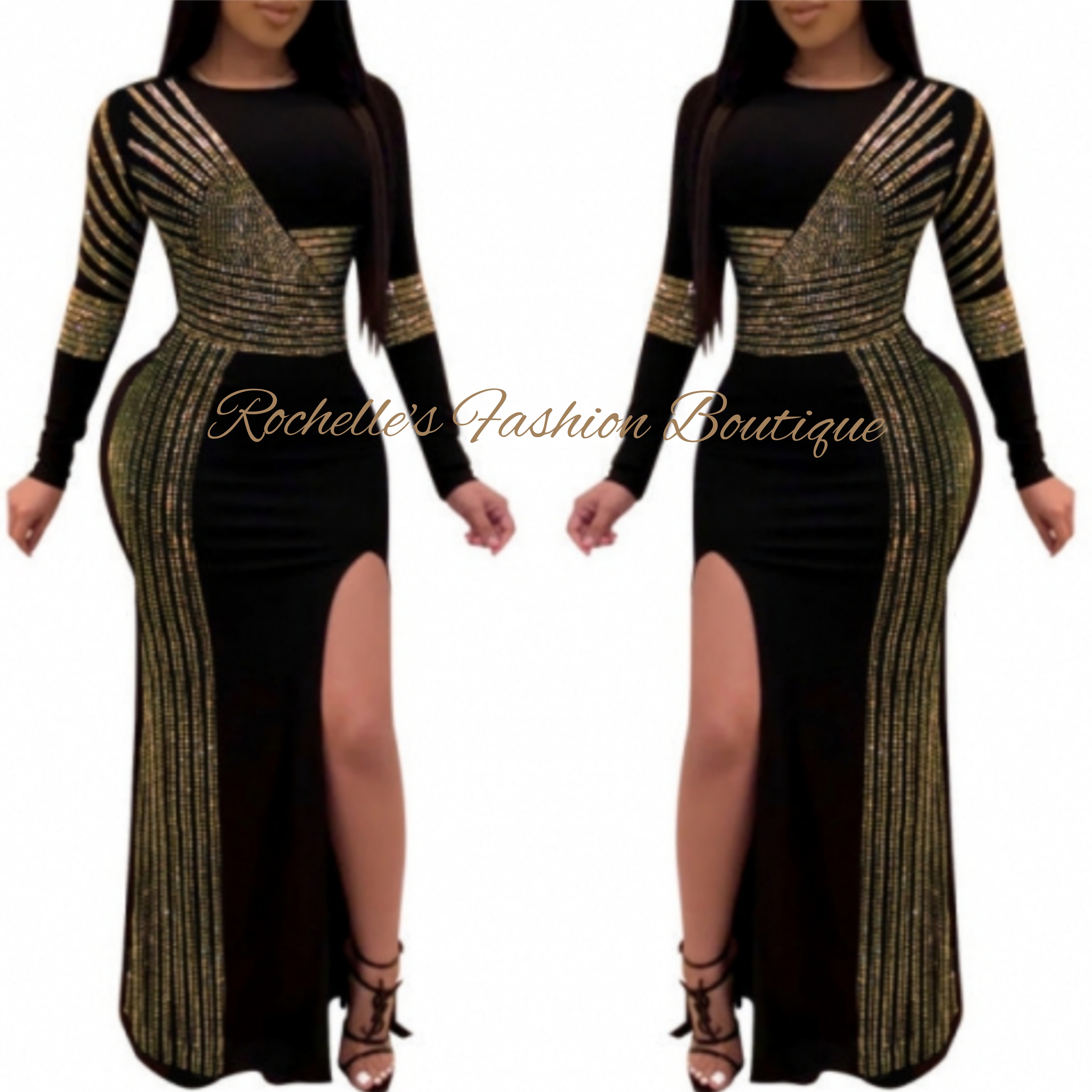 Black And Gold One Split Rhinestone Dress Black And Gold One Split Rhinestone Dress