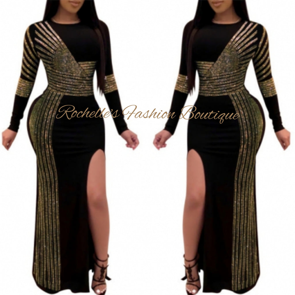 Black And Gold One Split Rhinestone Dress