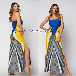 Yellow Chevon Print W/Side Slit Maxi Dress