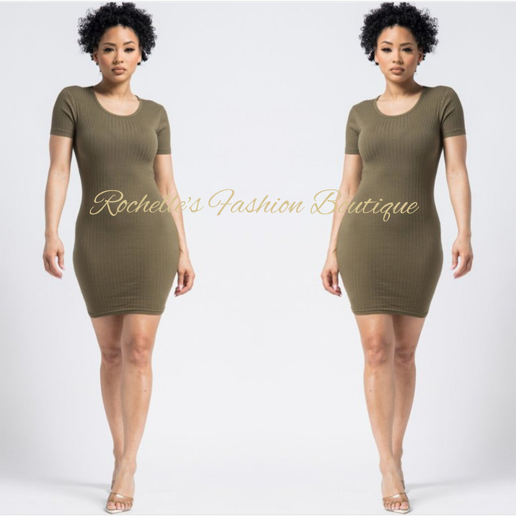 Olive Green Solid S/S T-Shirt Dress