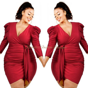Red Plus Solid Puff Sleeve Dress