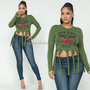 Olive Rock N Roll Graphic Top