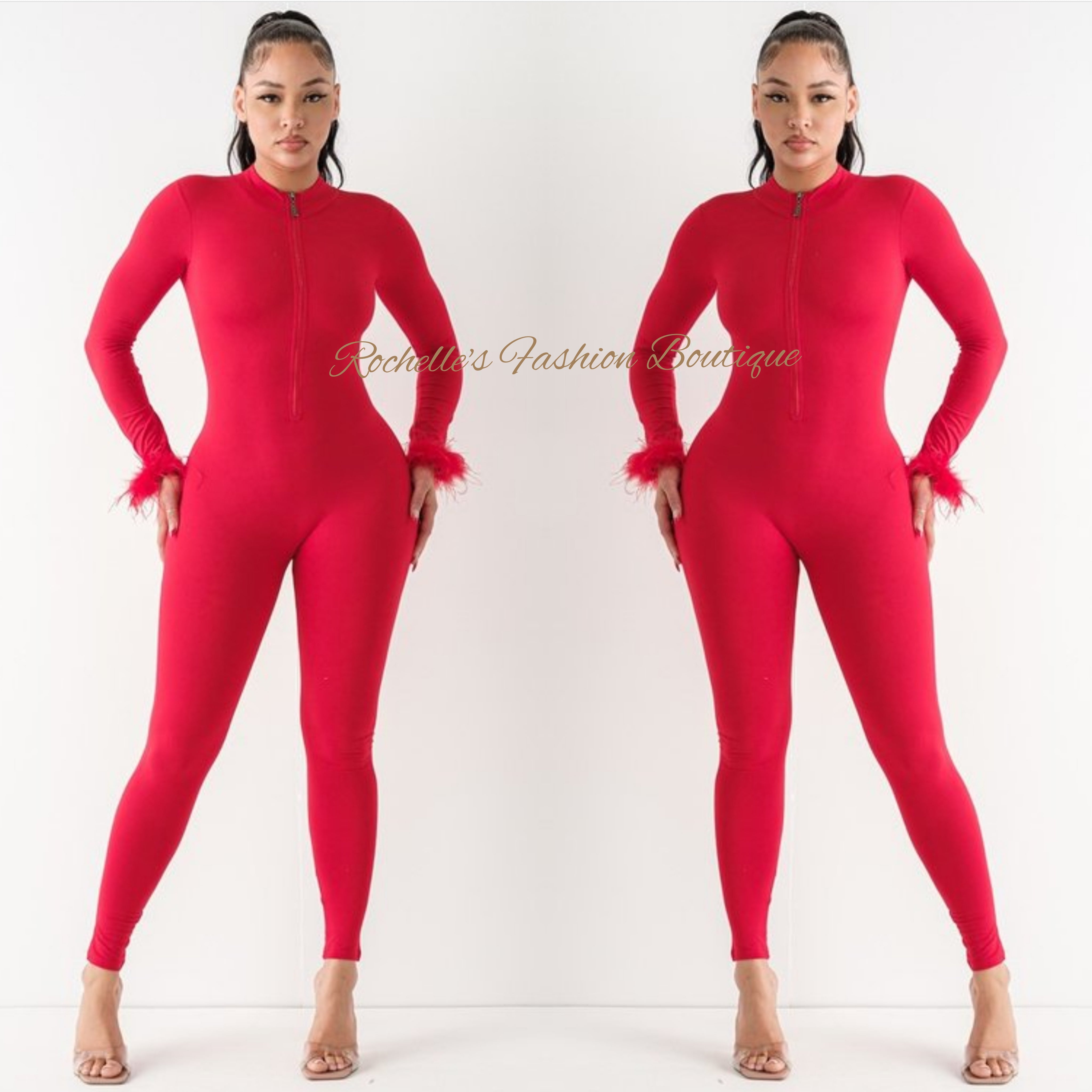 RED L/S JUMPSUIT WITH FRONT ZIPPER AND FUR