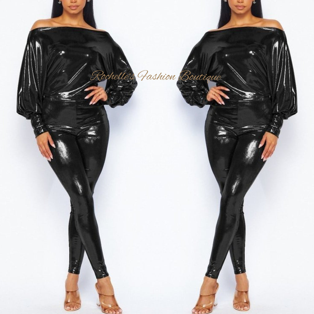 BLACK OFF-SHOULDER  PANTS 2PCS SET