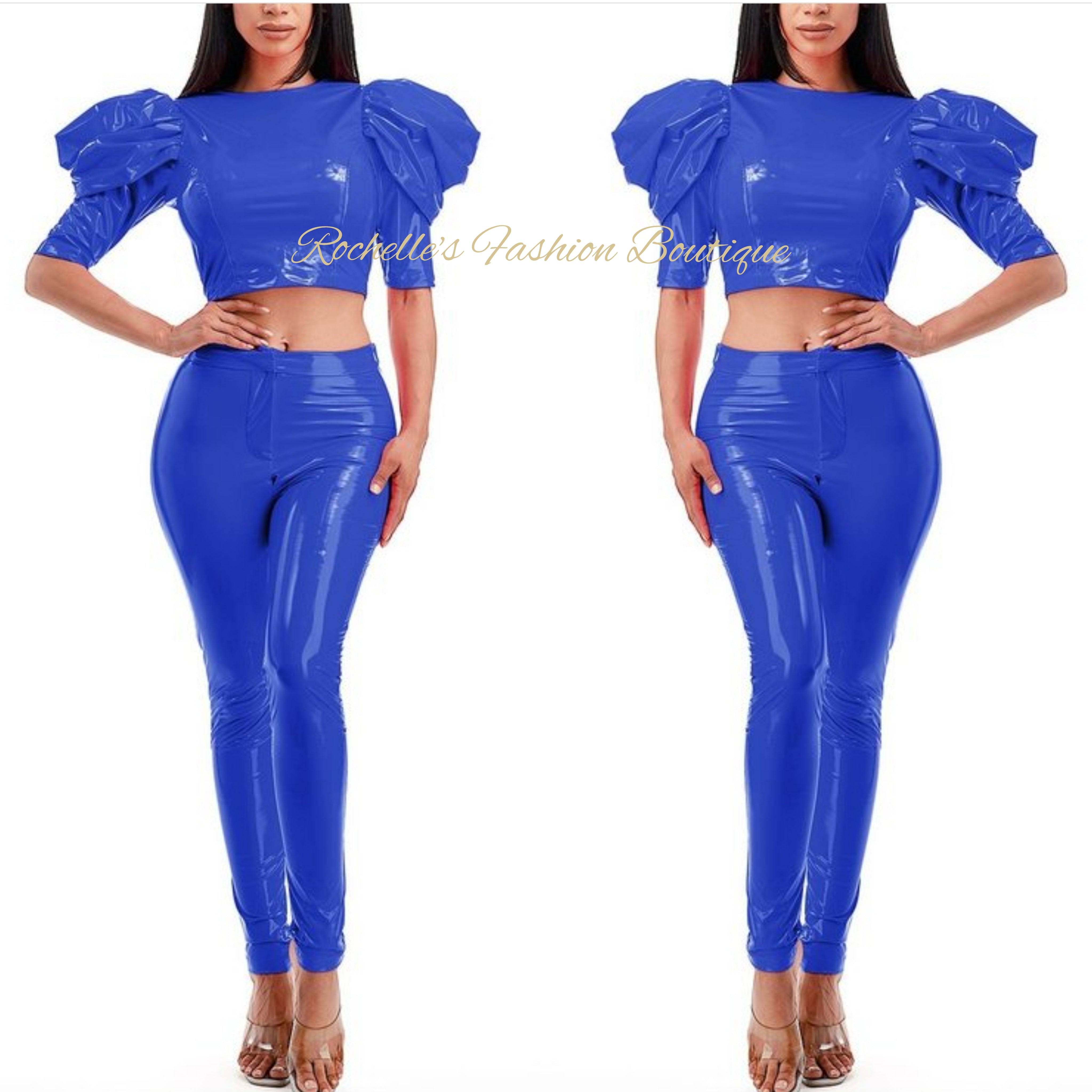 Red Leather Puff S/S Crop Top Pants Set