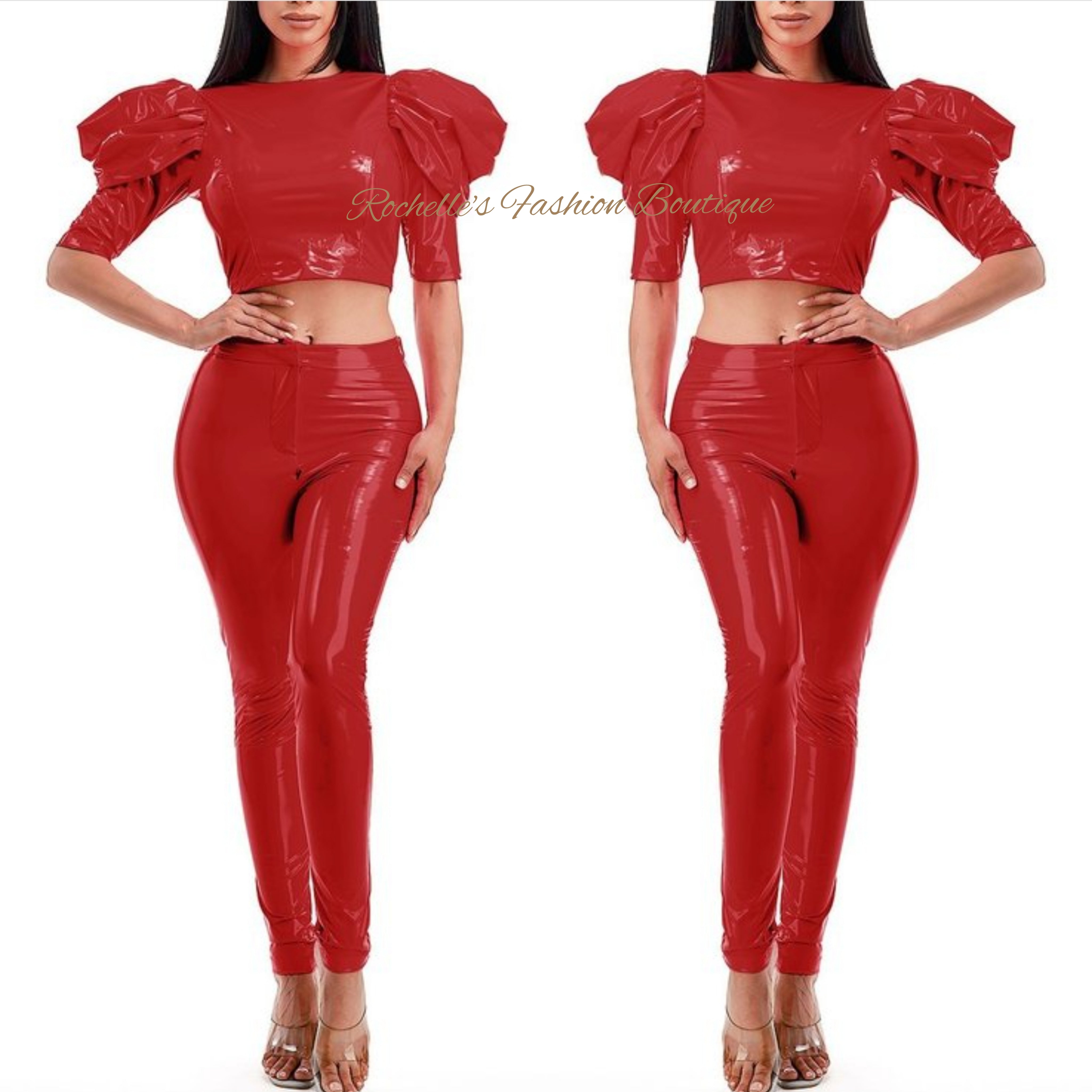 Red Leather Puff S/S Crop Top Pants Set