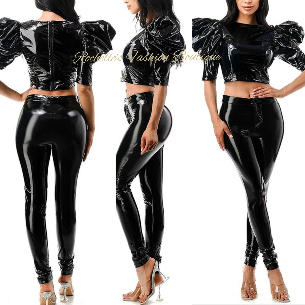 Black Leather Puff S/S Crop Top Pants Set