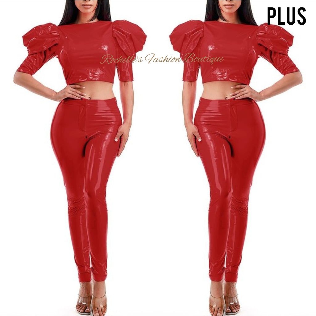 Red Plus Leather Puff S/S Crop Top Pants Set