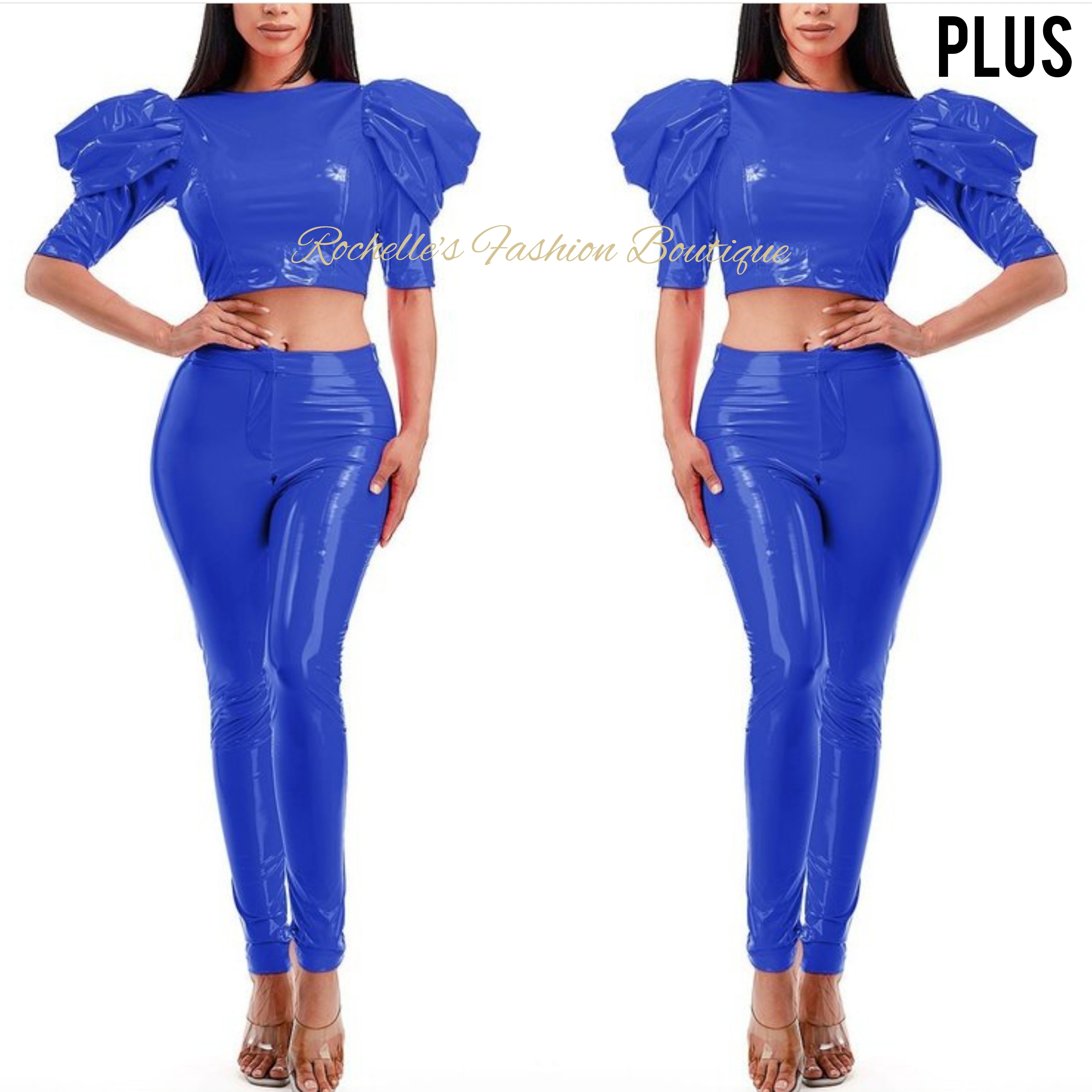 Blue Plus Leather Puff S/S Crop Top Pants Set