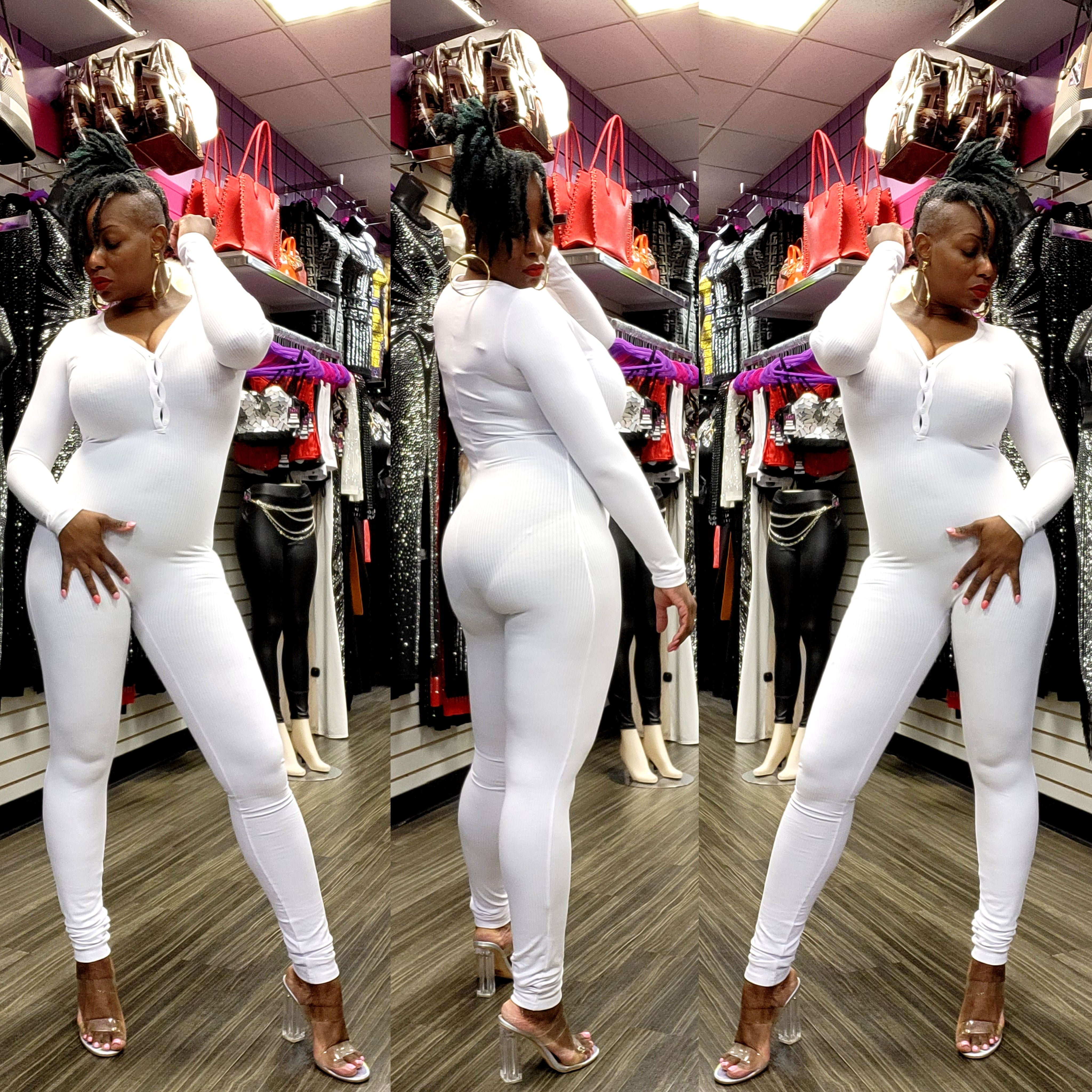 WHITE SOLID LONG SLEEVE RIBBED BUTTON JUMPSUIT