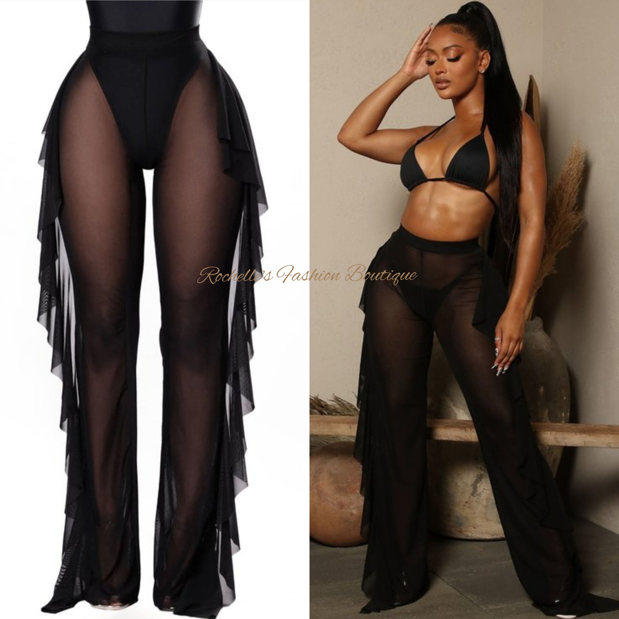BLACK SHEER MESH RUFFLE SIDE BEACH PANTS ROCHELLE S FASHION BOUTIQUE
