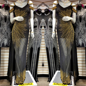 Black And Gold Long S/S Stoned Dress